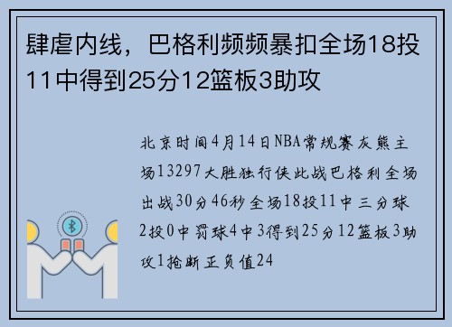 肆虐内线，巴格利频频暴扣全场18投11中得到25分12篮板3助攻